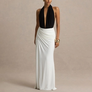 Robe Longue Moulante Sexy pour Femmes Col en V Profond Dos Nu Licou Fente Haute Élégante Robe de Soirée Bloc de Couleur