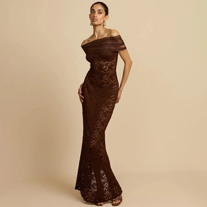 Elegant dark brown lace off-shoulder floor-length evening dress with floral pattern