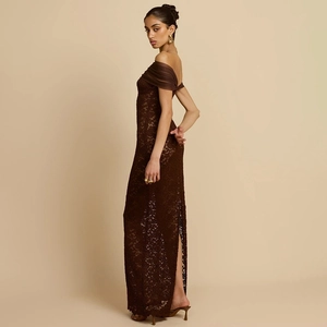 Elegant off-the-shoulder lace dress in chocolate brown with a high slit and slim silhouette