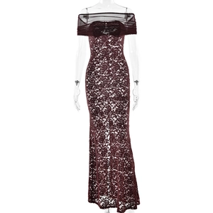 Elegant burgundy off-shoulder lace maxi dress with sheer mesh detailing and fishtail hem
