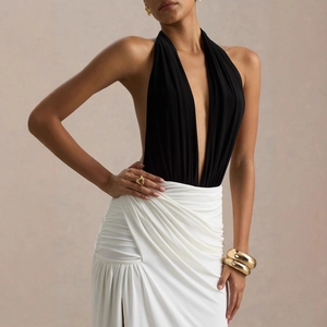 Robe de soirée chic dos nu avec décolleté en V plongeant, bicolore noir et blanc fendu