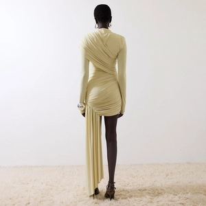 Elegant back view of light yellow ruched bodycon dress with asymmetrical long train detail