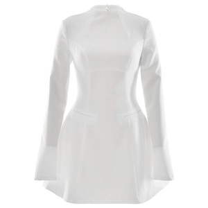 Elegant white mock neck long sleeve mini dress with a slim fit and A-line party skirt