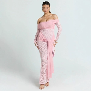 Pink lace long sleeve off-shoulder dress with chiffon ribbon waist tie details