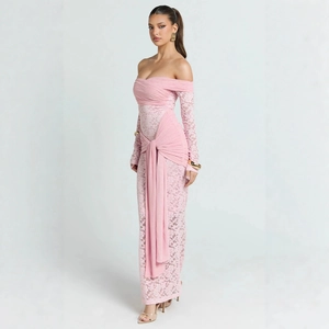 Elegant pale pink off-shoulder lace maxi dress with long sleeves and ruched front detailing