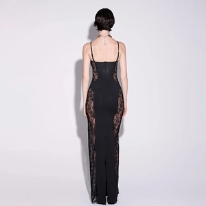 Robe longue noire sexy avec dentelle et dos nu pour femmes avec une coupe ajustée chic