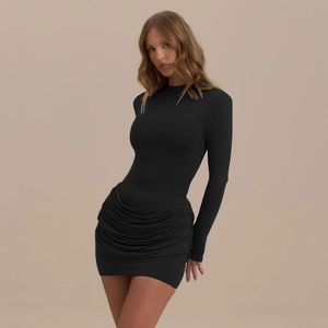 Slim fit black long sleeve mini dress with high neck and ruched detailing