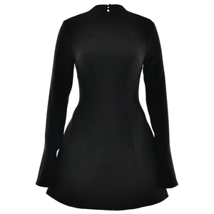 Elegant black long sleeve A-line mini dress with high collar and cinched waist design