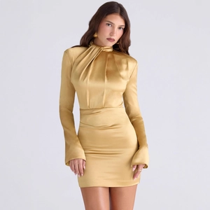 Women Satin High Neck Ruched Long Sleeve Mini Dress Slim Fit Bodycon Sexy Solid Color Elegant Party Evening Short Dress