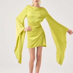 Sexy Satin Mini Dress Women Flare Sleeve Backless Irregular Hem Solid Color Elegant Party Clubwear Short Dress Night Out