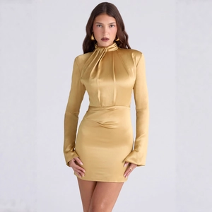 Elegant satin bodycon dress with high neck and long sleeves in metallic mustard gold