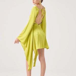 Green backless satin mini dress featuring dramatic flared sleeves and tie-back detailing