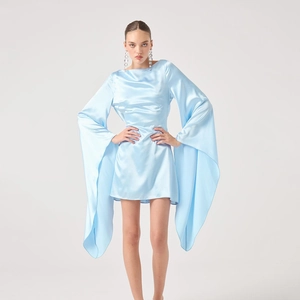 Elegant baby blue satin mini dress featuring oversized flared sleeves and slim waist