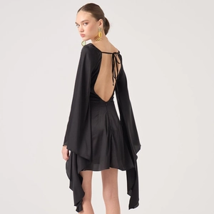 Elegant black satin mini dress with open back and flared sleeves for evening fashion