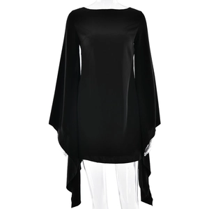 Sleek black satin mini dress featuring dramatic cape sleeves and a slim-fit waistline