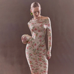 Detail of the ruching technique on a French vintage floral off-shoulder slim-fit dress