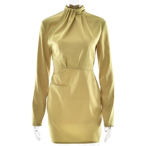Olive green satin mini dress with turtleneck and elegant ruched waist detailing