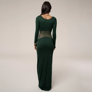 Robe longue élégante vert foncé à manches longues avec empiècement en résille à la taille