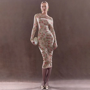 French vintage floral midi dress with ruched bodycon fit and asymmetric off-shoulder neck