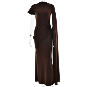 Elegant dark brown asymmetric maxi dress with cape sleeve and ruched waist detail