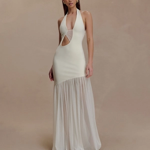 Robe Longue Sexy pour Femmes Dos Nu Col en V Profond Patchwork en Maille Coupe Ajustée Élégante pour Soirée et Club