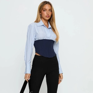 Chic long sleeve corset shirt featuring blue stripes and a slim waist design for women