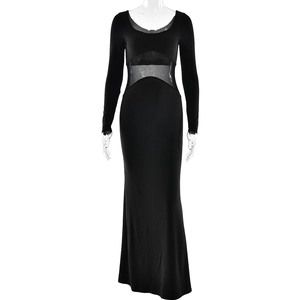 Robe longue noire sexy à col en U avec manches longues et découpe en mesh patchwork