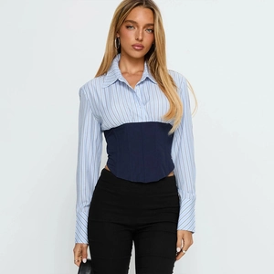 Women's Striped Long Sleeve Polo Shirt With Corset Patchwork Waist Slim Fit Lace Up Sexy Streetwear Top
