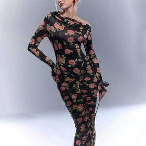 French Vintage Floral Print Ruched Midi Dress For Women Off Shoulder Long Sleeve Bodycon Sexy Rose Pattern Slim Fit Dress