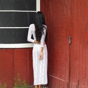 Elegant white lace see-through maxi dress with long sleeves for women in boho style