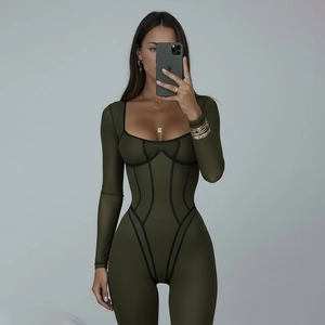 Slim fit olive green bodysuit with mesh long sleeves and contrast piping details