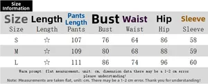 Size guide table for long sleeve crop top and flared pants set in sizes S, M, and L