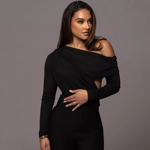Elegant black off-shoulder long sleeve bodysuit with asymmetric ruched cross design