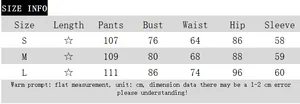 Detailed size chart for long sleeve crop top and flared pants set in S, M, L dimensions