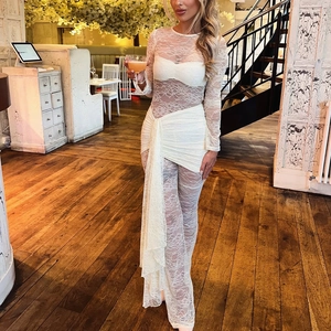 Sexy Lace Patchwork Long Sleeve Jumpsuit For Women Hollow Out High Waist Flare Pants Pleated Drape Design Party Clubwear