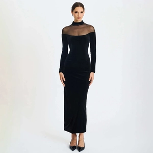 Elegante Abito Maxi in Velluto con Giunture in Rete per Donna Vestibilità Aderente Manica Lunga Collo Alto Abito Bodycon per Serata Banchetto Festa