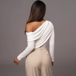 Elegant white off-shoulder long sleeve bodysuit with draped pleats and slim fit