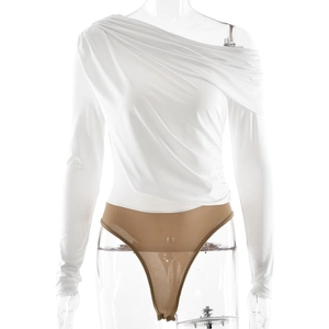 Off-shoulder long sleeve bodysuit with pleated white top and silky brown bottom