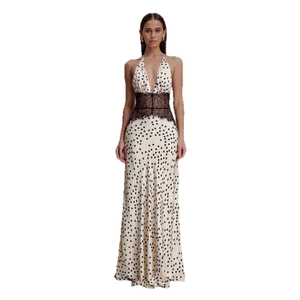 Elegant polka dot V-neck halter maxi dress with black lace waist and floor-length hemline