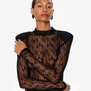 Sexy black lace long sleeve bodysuit with shoulder pads and floral mesh for women