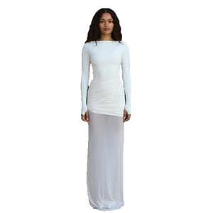 Elegant white long sleeve bodycon maxi dress with ruched waist and minimalist crew neck