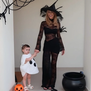 Lace Halloween costume set with black jumpsuit for adults and ghost dress for kids