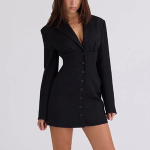 Abito Blazer Donna Sexy Nero Vita Arricciata Rever Monopetto Manica Lunga Slim Fit Elegante Ufficio Mini Abito