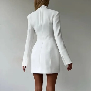 Rear view detail of white blazer dress with shoulder pads and long invisible zipper