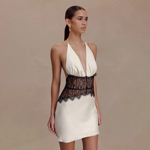 Elegant satin halter dress with deep V-neck and black lace waist patchwork in white