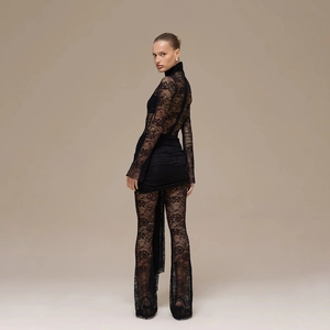 Sexy black lace jumpsuit with floral embroidery, long sleeves and high waist for women