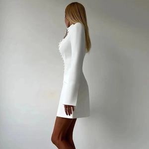 Elegant white long sleeve slim fit blazer dress with double-breasted buttons and stand collar
