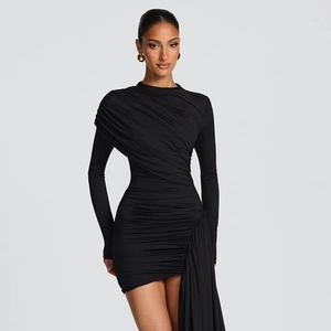Detail of ruched fabric and side ribbon drape on elegant black long sleeve bodycon dress