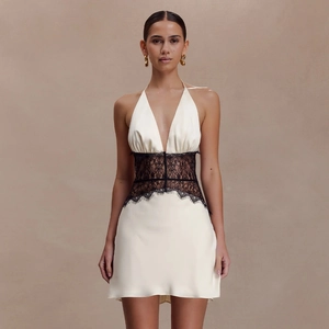 Sexy halter neck dress with white satin and black lace patchwork in mini bodycon style