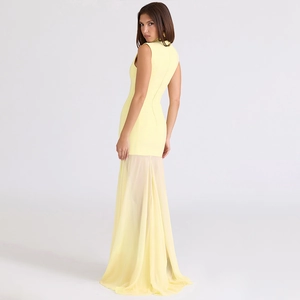 Slim fit light yellow sleeveless evening dress with a sheer fishtail hemline